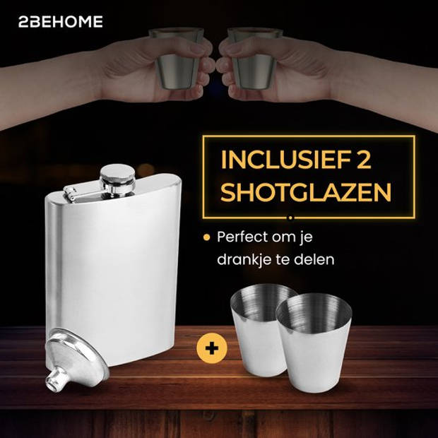 2BEHOME Heupfles met luxe opbergdoos inclusief 2 shotglazen en Trechter - Zilver - RVS - Veldfles - Heupflacon