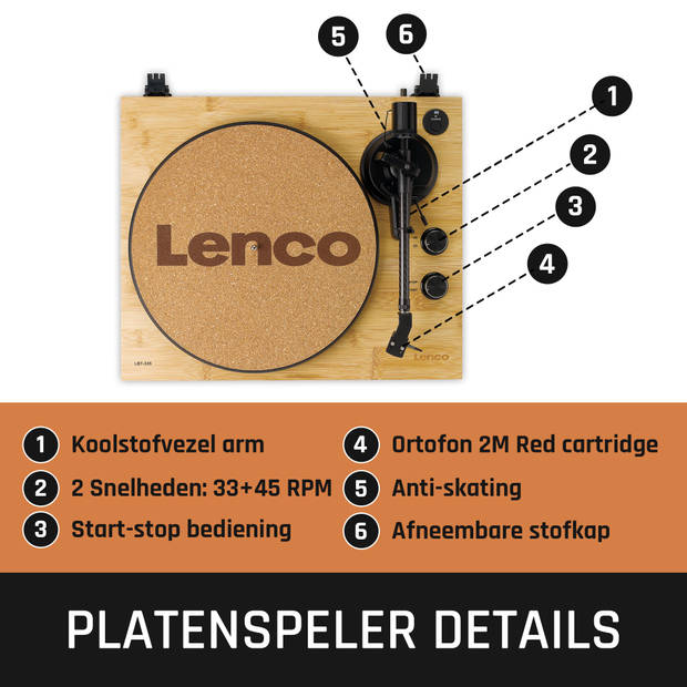 Platenspeler met Bluetooth®, uit bamboe vervaardigde behuizing en Ortofon 2M Red cartridge Lenco Bamboe-Zwart