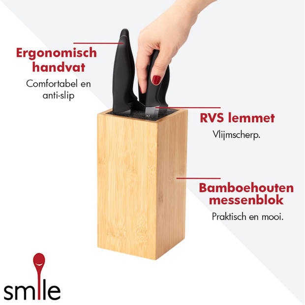 Smile - 6-delige RVS Messenset in Modern Bamboe Messenblok - Bruin/Zwart