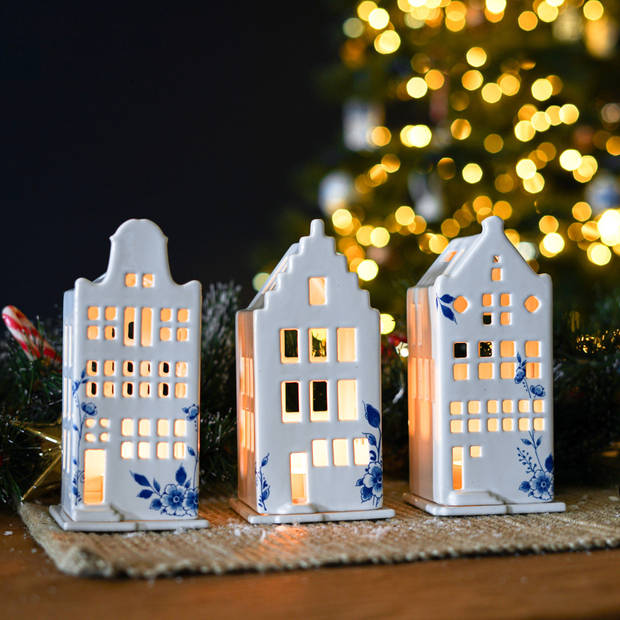 Waxinelichthouder huis klokgevel Heinen Delfts blauw Kerst Delfts Blauw Souvenir