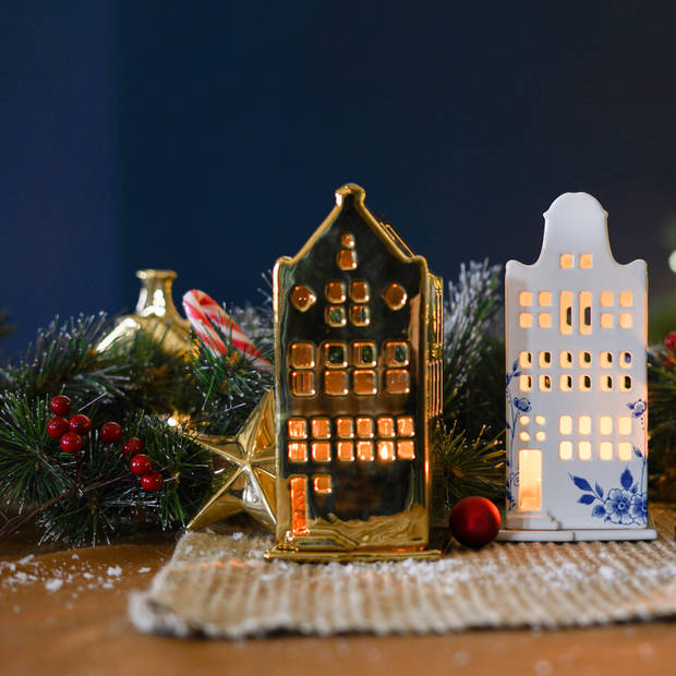 Waxinelichthouder huis klokgevel Heinen Delfts blauw Kerst Delfts Blauw Souvenir