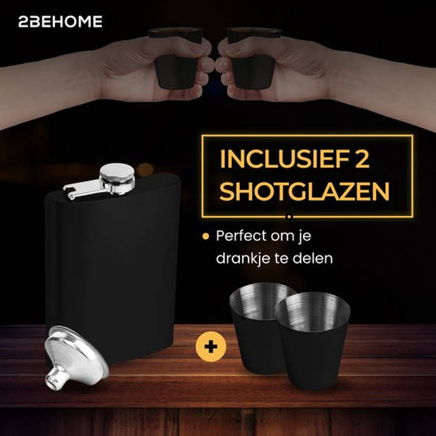 2BEHOME Heupfles met luxe opbergdoos inclusief 2 shotglazen en Trechter - Zwart - RVS - Veldfles - Heupflacon