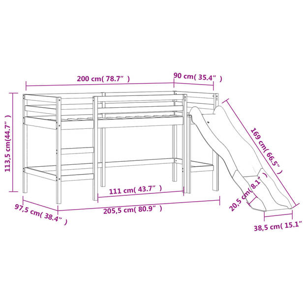 vidaXL Kinderhoogslaper met glijbaan grenenhout zwart 90x200 cm