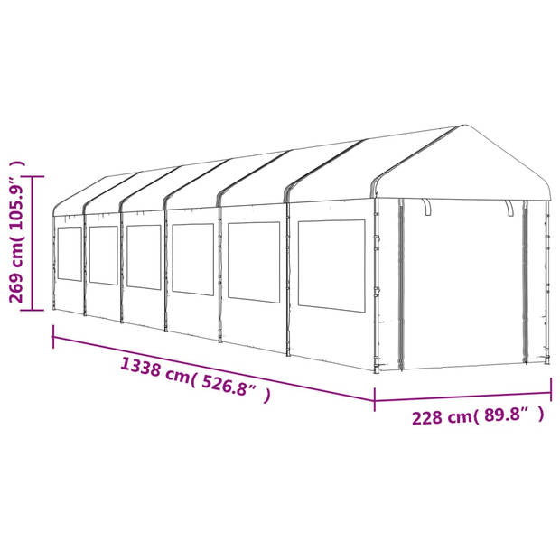 vidaXL Prieel met dak 13,38x2,28x2,69 m polyetheen wit