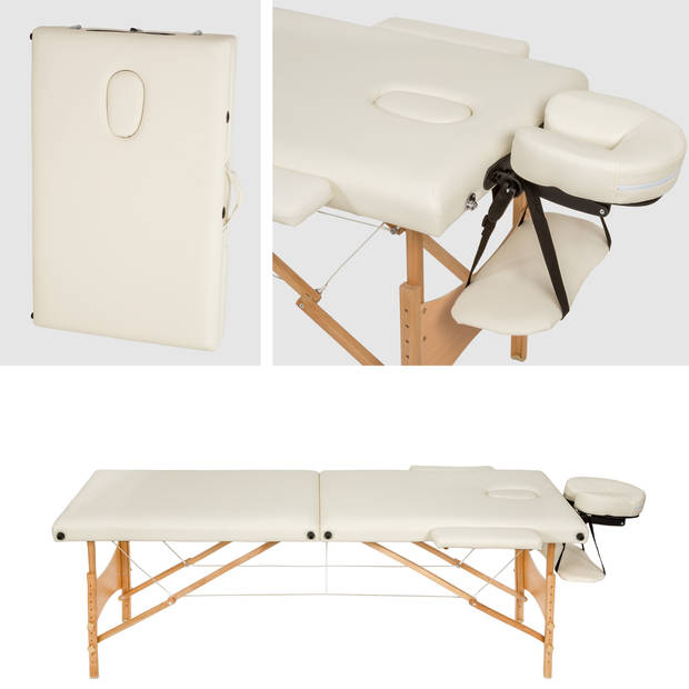 tectake® - 2 zones massagetafel-set met 5cm matras, rolkussens en houten frame - beige - 404744