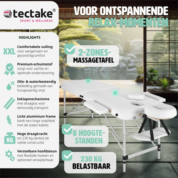 tectake® Aluminium Massagetafel - 2 Zones, 4 cm Matras - Opvouwbaar - Hoogte Verstelbaar - Incl. Accessoires - Wit