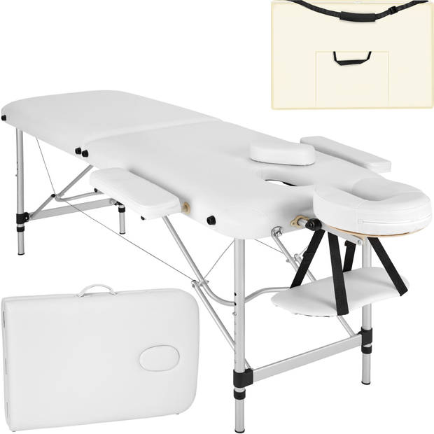 tectake® Aluminium Massagetafel - 2 Zones, 4 cm Matras - Opvouwbaar - Hoogte Verstelbaar - Incl. Accessoires - Wit