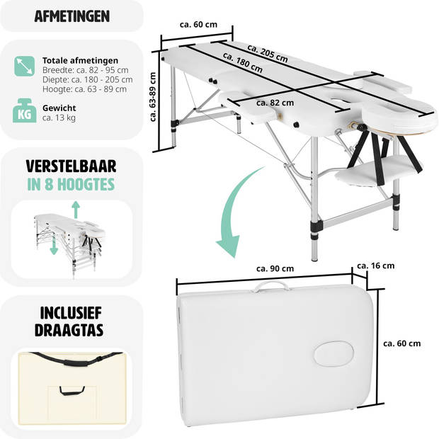 tectake® Aluminium Massagetafel - 2 Zones, 4 cm Matras - Opvouwbaar - Hoogte Verstelbaar - Incl. Accessoires - Wit