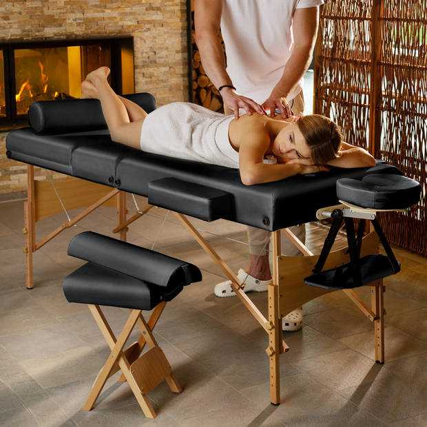 tectake® - 3 zones massagetafel Somwang 7,5cm matras en houten frame, incl. rolkussens - zwart - 404944