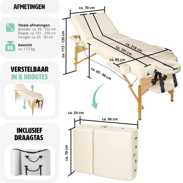 tectake® Massagetafel 3 Zones - Behandeltafel - Matras 7,5 cm - Incl. Draagtas - Draagbaar en Opvouwbaar - Beige