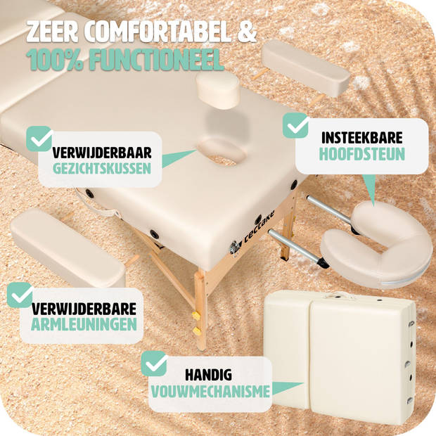 tectake® Massagetafel 3 Zones - Behandeltafel - Matras 7,5 cm - Incl. Draagtas - Draagbaar en Opvouwbaar - Beige