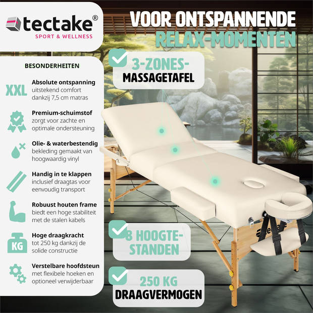 tectake® Massagetafel 3 Zones - Behandeltafel - Matras 7,5 cm - Incl. Draagtas - Draagbaar en Opvouwbaar - Beige