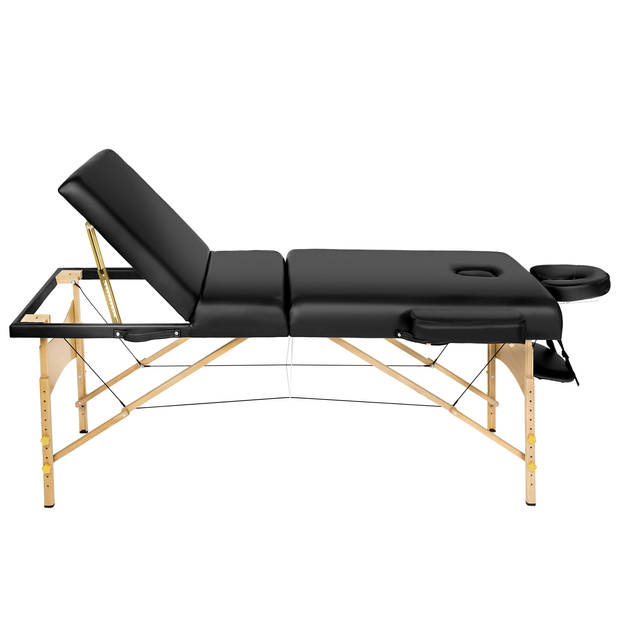 tectake® - Massagetafel matras 10 cm hoog en houten frame + zwarte rolkussens, draagtas en kruk - zwart - 400278