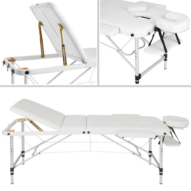 tectake® - Mobiele aluminium massagetafel 3 zones wit + draagtas - behandeltafel - 401046