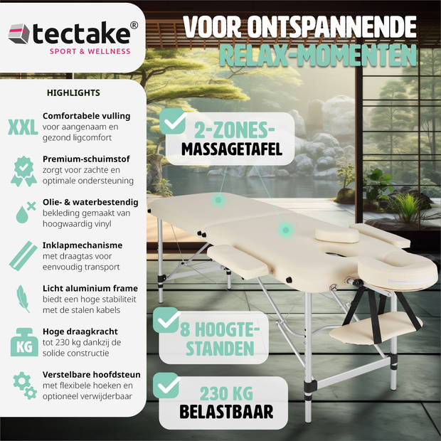 tectake® Aluminium Massagetafel - 2 Zones, 4 cm Matras - Opvouwbaar - Hoogte Verstelbaar - Incl. Accessoires - Beige