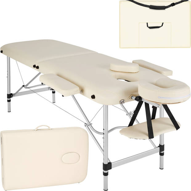 tectake® Aluminium Massagetafel - 2 Zones, 4 cm Matras - Opvouwbaar - Hoogte Verstelbaar - Incl. Accessoires - Beige