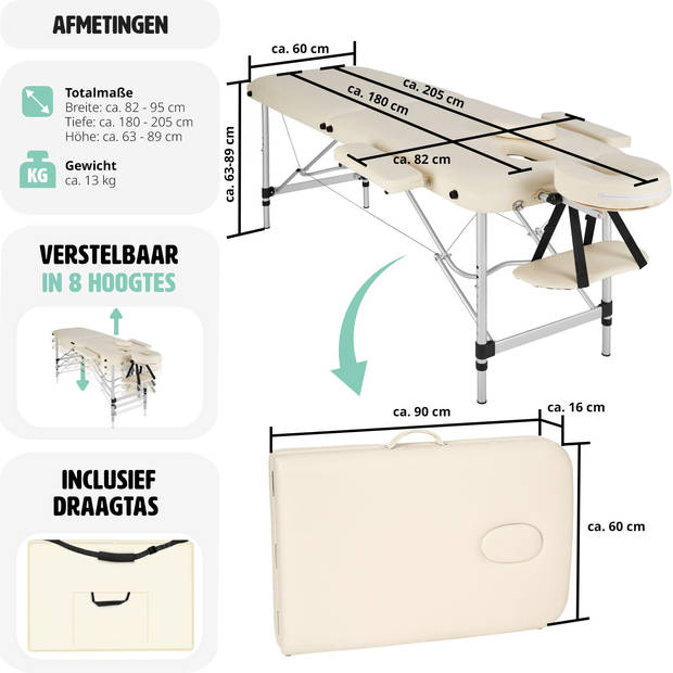 tectake® Aluminium Massagetafel - 2 Zones, 4 cm Matras - Opvouwbaar - Hoogte Verstelbaar - Incl. Accessoires - Beige