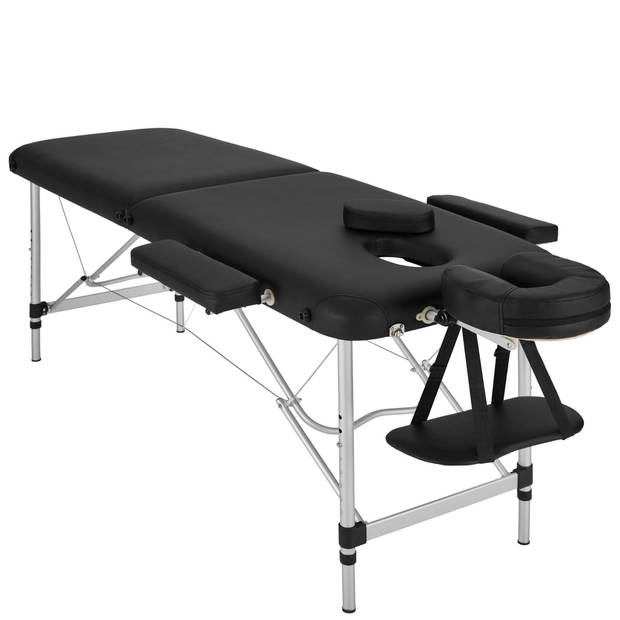 tectake® Aluminium Massagetafel - 2 Zones, 4 cm Matras - Opvouwbaar - Hoogte Verstelbaar - Incl. Accessoires - Zwart