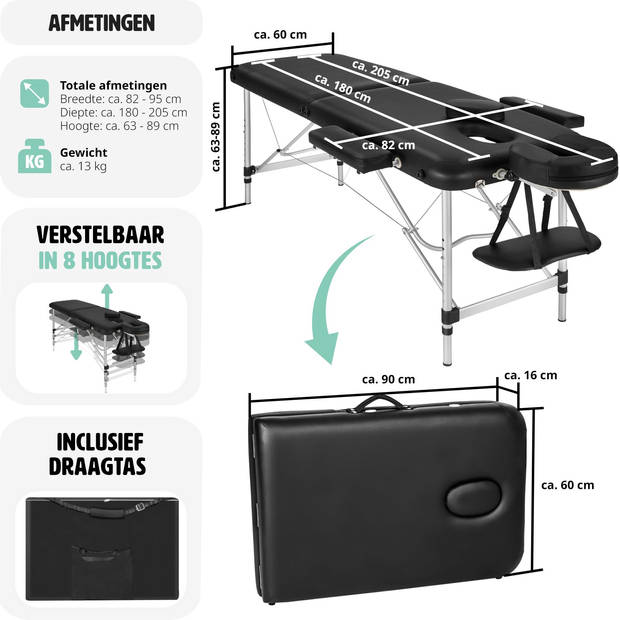 tectake® Aluminium Massagetafel - 2 Zones, 4 cm Matras - Opvouwbaar - Hoogte Verstelbaar - Incl. Accessoires - Zwart