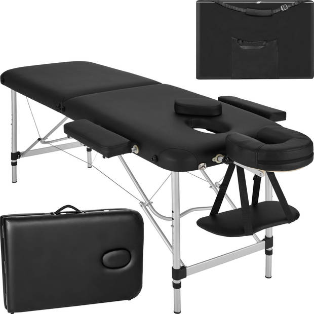 tectake® Aluminium Massagetafel - 2 Zones, 4 cm Matras - Opvouwbaar - Hoogte Verstelbaar - Incl. Accessoires - Zwart