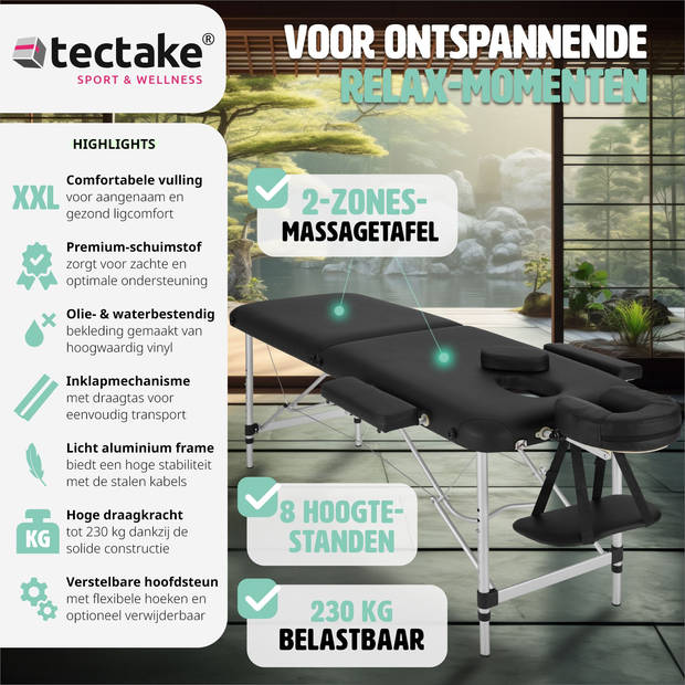 tectake® Aluminium Massagetafel - 2 Zones, 4 cm Matras - Opvouwbaar - Hoogte Verstelbaar - Incl. Accessoires - Zwart