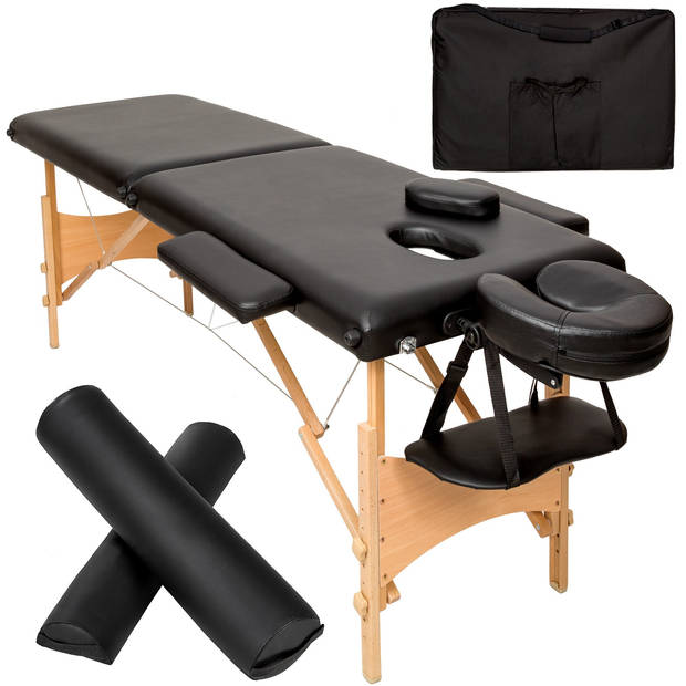 tectake® - 2 zones massagetafel-set met 5cm matras, rolkussens en houten frame - zwart - 404745