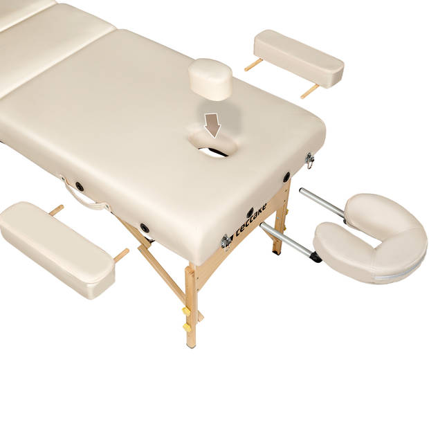 tectake® - Massagetafel matras van 10 cm hoog en houten frame + rolkussens, draagtas en kruk - beige - 400187