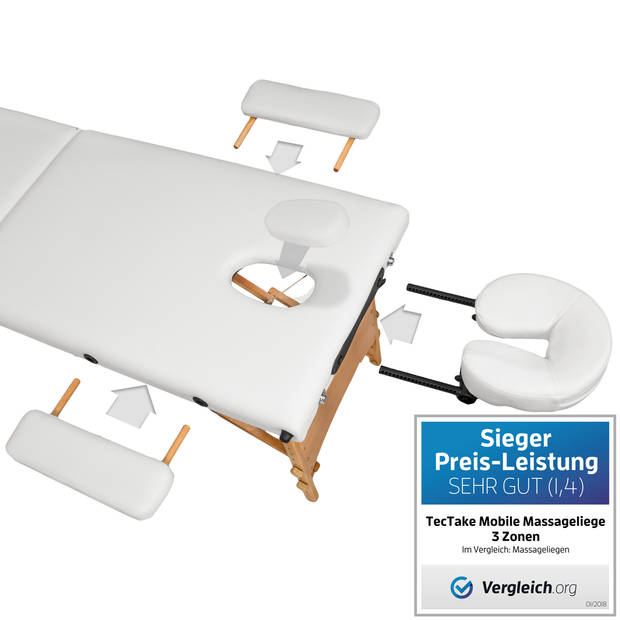 tectake® - Mobiele massagetafel 3 zones - 5 cm matras - incl. zwarte draagtas - wit - 401467