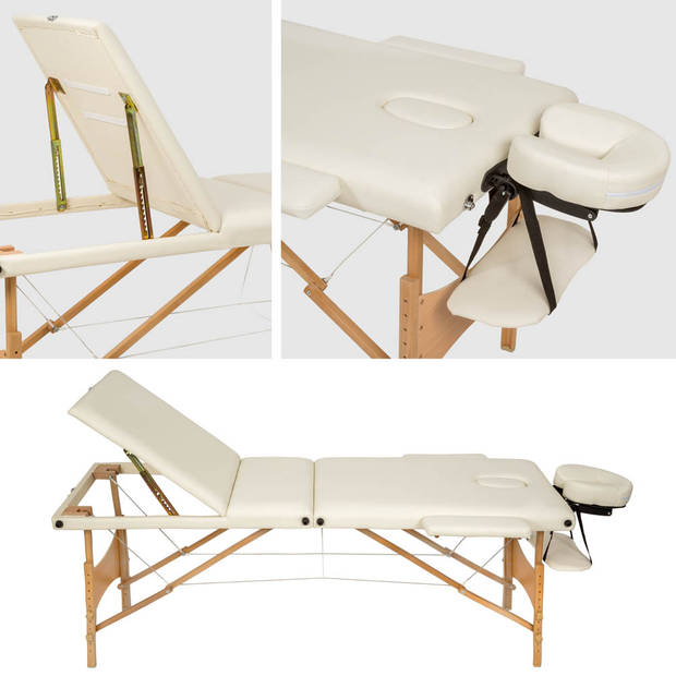 tectake® - 3 zones massagetafel-set Daniel met 3cm matras, rolkussens en houten frame + tas - beige - 404747