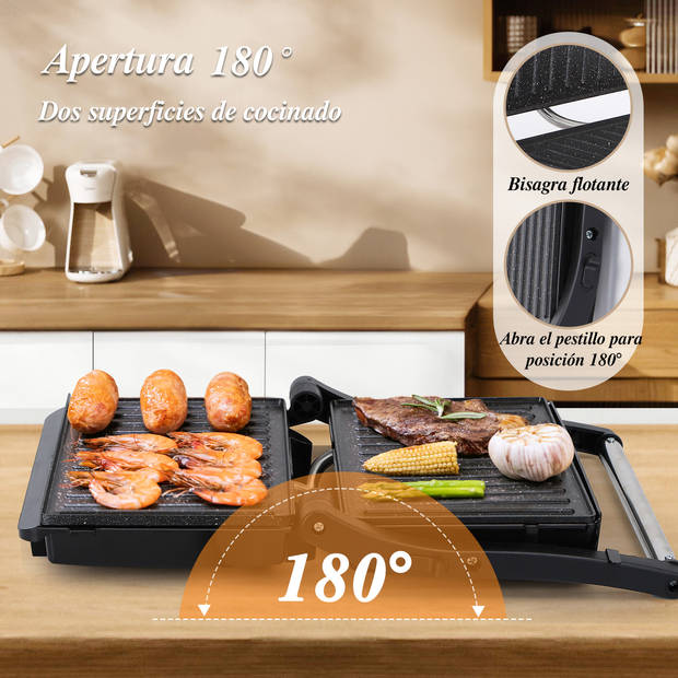 Aigostar York Pro - Contactgrill met antiaanbaklaag - 2-in-1-180°C Panini Grill - 1000W - RVS/Zwart