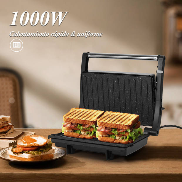 Aigostar York Pro - Contactgrill met antiaanbaklaag - 2-in-1-180°C Panini Grill - 1000W - RVS/Zwart