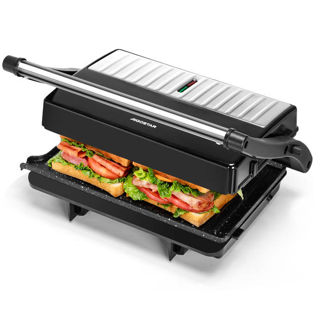 Aigostar York Pro - Contactgrill met antiaanbaklaag - 2-in-1-180°C Panini Grill - 1000W - RVS/Zwart