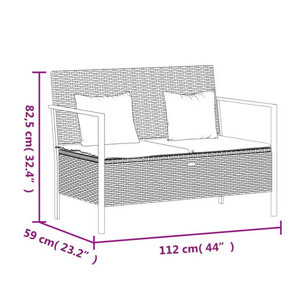 vidaXL Tuinbank 2-zits met kussens poly rattan bruin