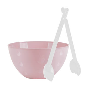 Serveerschaal/slakom - pastel roze - kunststof - 26 cm - met sla bestek/couvert - Serveerschalen