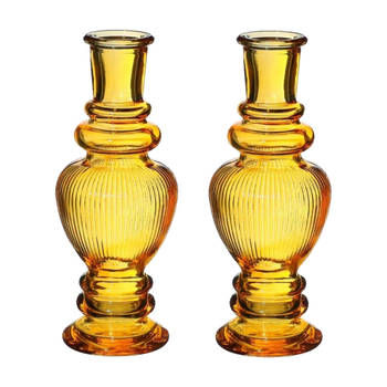Kaarsen kandelaar Venice - 2x - gekleurd glas - ribbel okergeel - D5,7 x H15 cm - kaars kandelaars