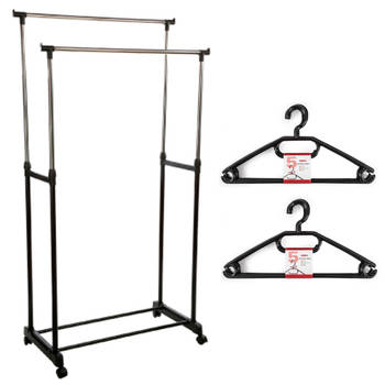 Kledingrek met kleding hangers - dubbele stang - kunststof - zwart - 80 x 42 x 170 cm - Kledingrekken