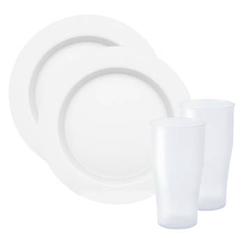 Juypal Servies set - 4x borden en drinkbekers - wit- kunststof - herbruikbaar - Bordjes
