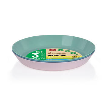 Juypal Borden - 3x - pastel tinten - kunststof - D18,5 x H2,5 cm - herbruikbaar - BPA-vrij - Bordjes