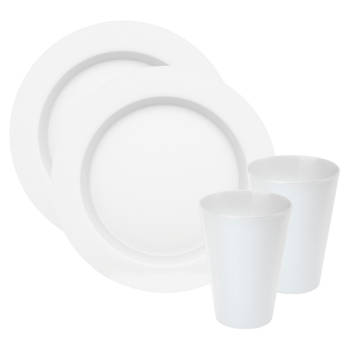 Juypal Servies set - 6x borden en drinkbekers - wit- kunststof - herbruikbaar - Bordjes
