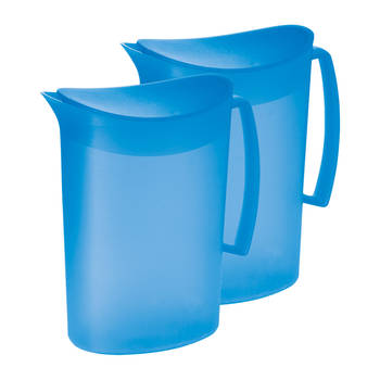 Juypal Schenkkan/waterkan - 2x - blauw - 2 liter - kunststof - L20 x H23 cm - met deksel - Schenkkannen