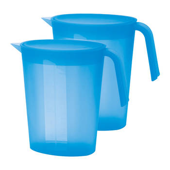 Juypal Schenkkan/waterkan - 2x - blauw - 1,75 liter - kunststof - L22 x H20 cm - met deksel - Schenkkannen
