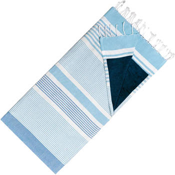 Hamamdoek Dubbelzijdige Kikoydoek & Badstof - Trendy Hammamdoek - 100% Katoen - 95 x 175 cm - Hemelsblauw blauw