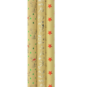 Christmas kraft cadeaupapier - Kerstpapier inpakpapier voor Kerst - 3 meter x 70 cm - 3 rollen