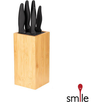 Smile - 6-delige RVS Messenset in Modern Bamboe Messenblok - Bruin/Zwart