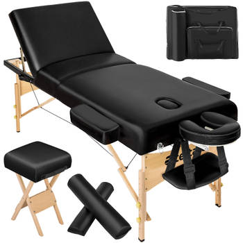 tectake® - Massagetafel matras 10 cm hoog en houten frame + zwarte rolkussens, draagtas en kruk - zwart - 400278