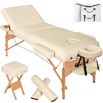 tectake® - Massagetafel matras van 10 cm hoog en houten frame + rolkussens, draagtas en kruk - beige - 400187