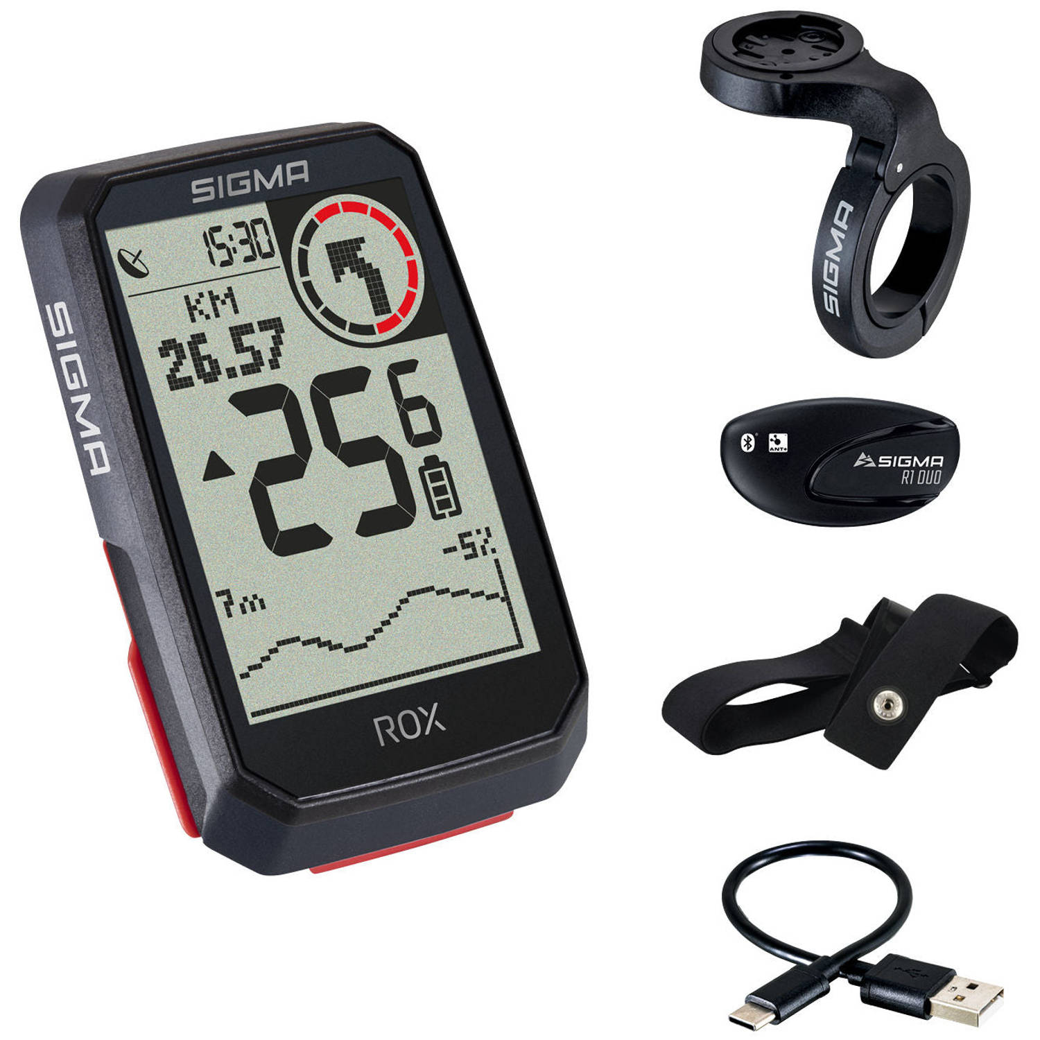 Sigma fietscomputer Rox 4.0 GPS 73.6 mm zwart-rood 5 delig