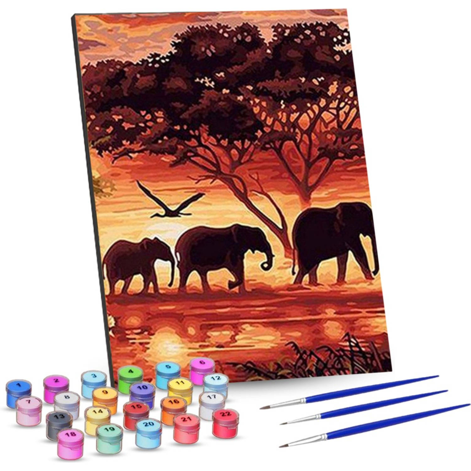 Rubye® Schilderen Op Nummer Volwassenen - Olifanten Familie - Met Canvas Schildersdoek en Penselen - 40x50cm