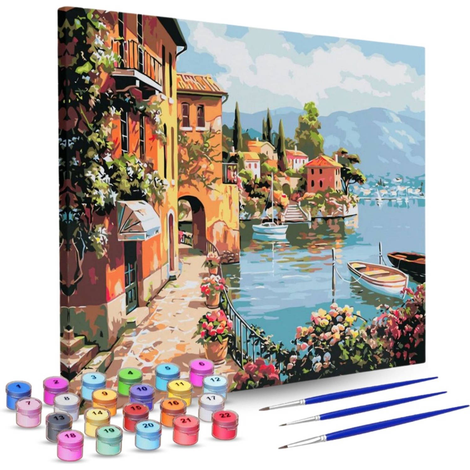 Rubye® Schilderen Op Nummer Volwassenen - Italiaanse Kust - Met Canvas Schildersdoek en Penselen - 40x50cm
