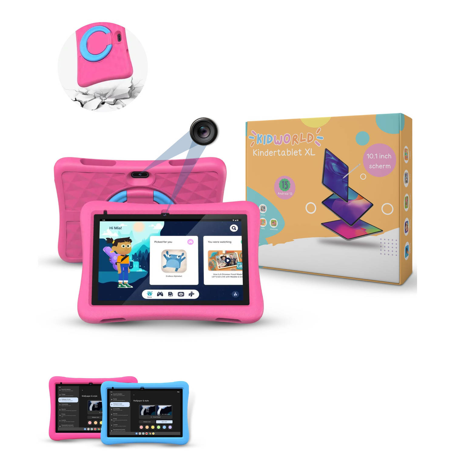 KidWorld Kindertablet Roze 4GB RAM + 64GB Geheugen Extra Groot 10 Inch Beeldscherm Android 13 Tablet